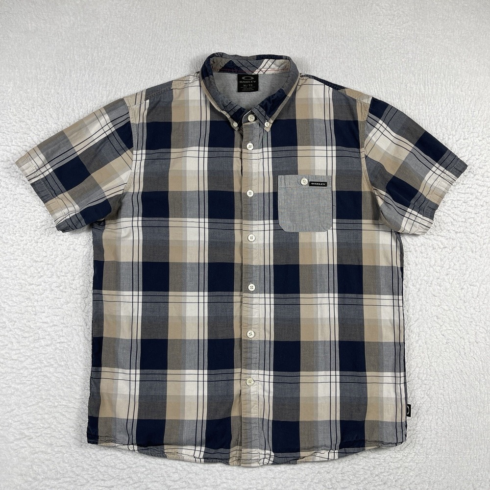 Oakley Shirt Mens XL Blue Beige Plaid Surfer Preppy Casual Everyday‎ Workwear
